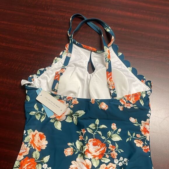 Cupshe Teal Floral Scalloped Crisscross One Piece Swimsuit | size XL | NWT - Picture 6 of 11